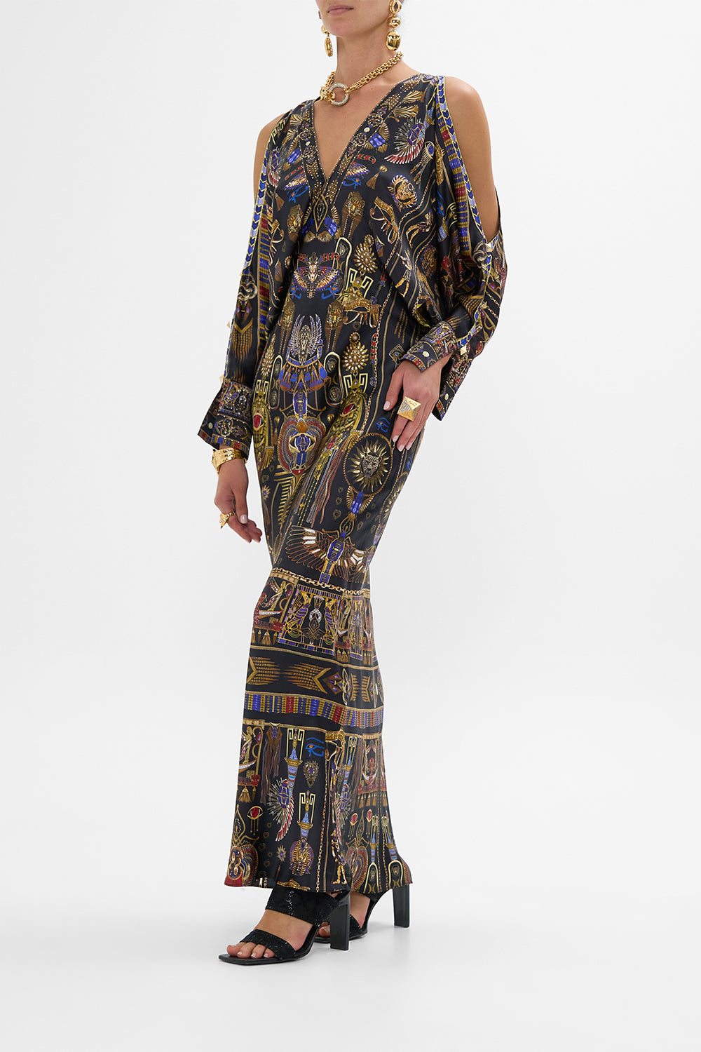CAMILLA Plunge Neck Draped Shoulder Dress in Cartouche Kingdom print. 