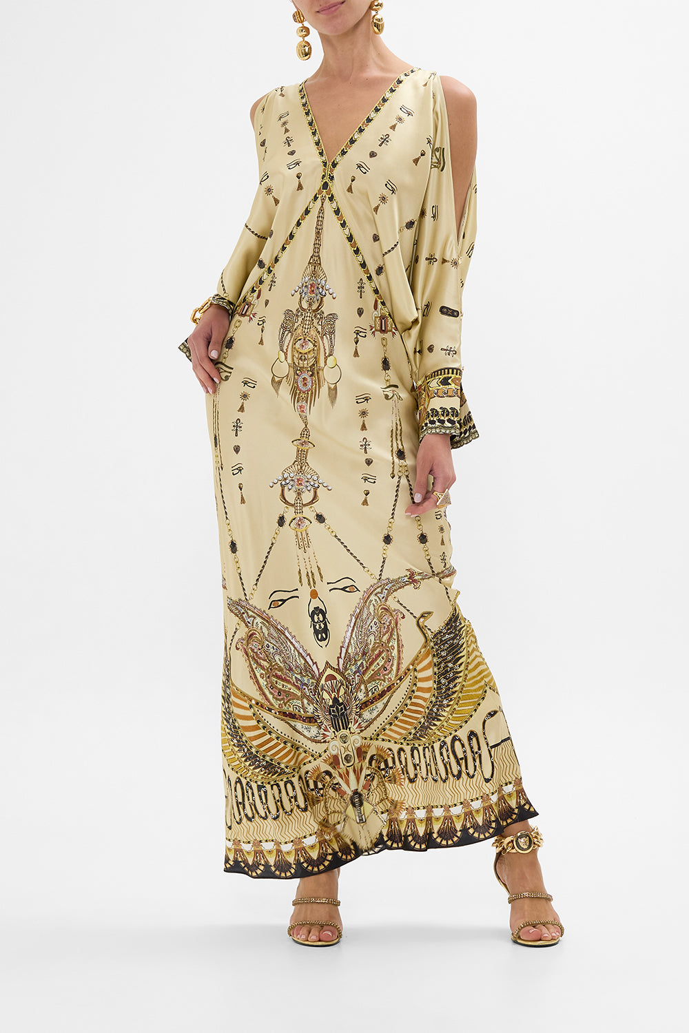 CAMILLA Gold Plunge Neck Draped Shoulder Dress in Gateway to the Afterlife Print