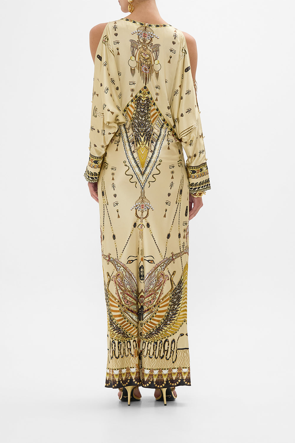 CAMILLA Gold Plunge Neck Draped Shoulder Dress in Gateway to the Afterlife Print