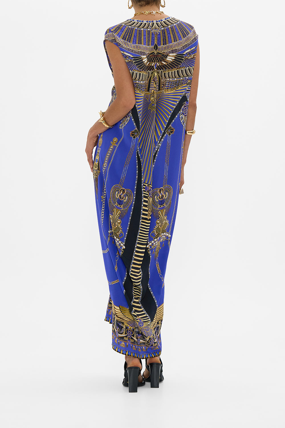 CAMILLA Sleeveless Drape Back Dress in My Fair Pharaoh print. 