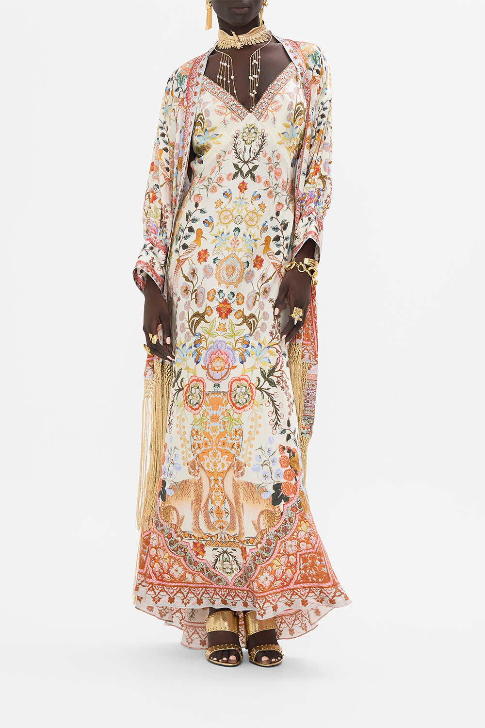 CAMILLA V Neck Long Bias Slip Dress with Train in Honour of Heirlooms print