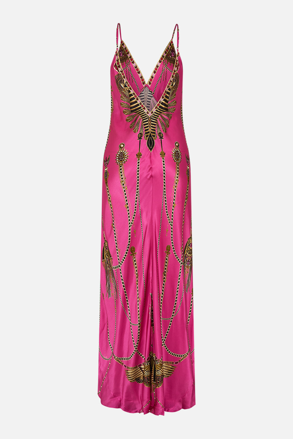 CAMILLA V Neck Long Bias Slip Dress With Train in Song Of The Scarab print. 
