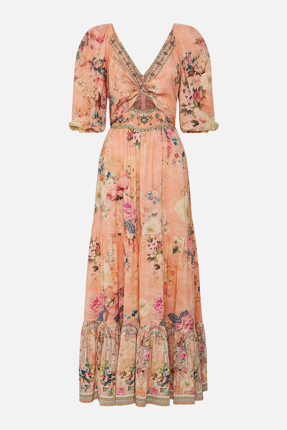 CAMILLA Floral Tiered Puff Sleeve Dress in The Jewellery Palace print. 