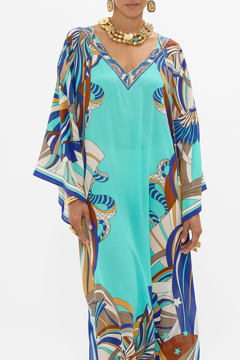 CAMILLA V Neck Kaftan With Ties in Oasis Oracle print. 