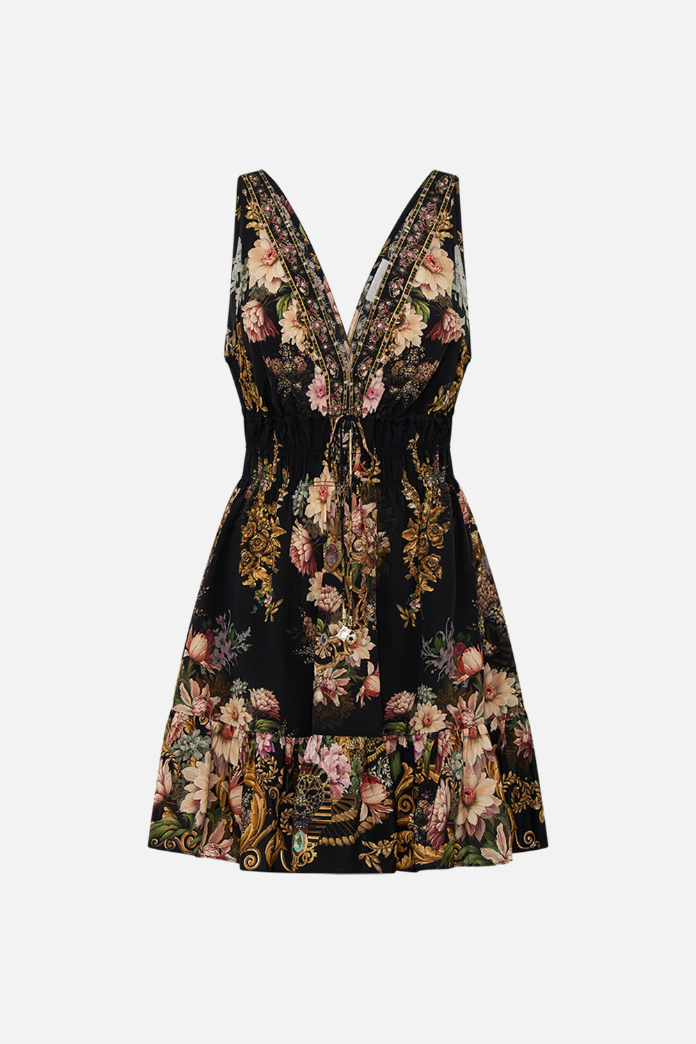 CAMILLA shirred waist detail mini dress in Dyasty Daze print. 