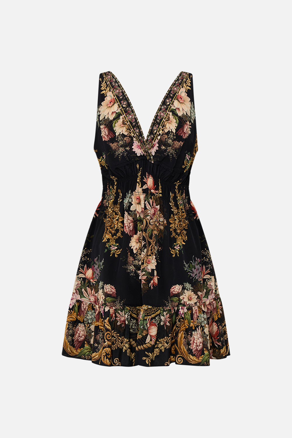 CAMILLA shirred waist detail mini dress in Dyasty Daze print. 