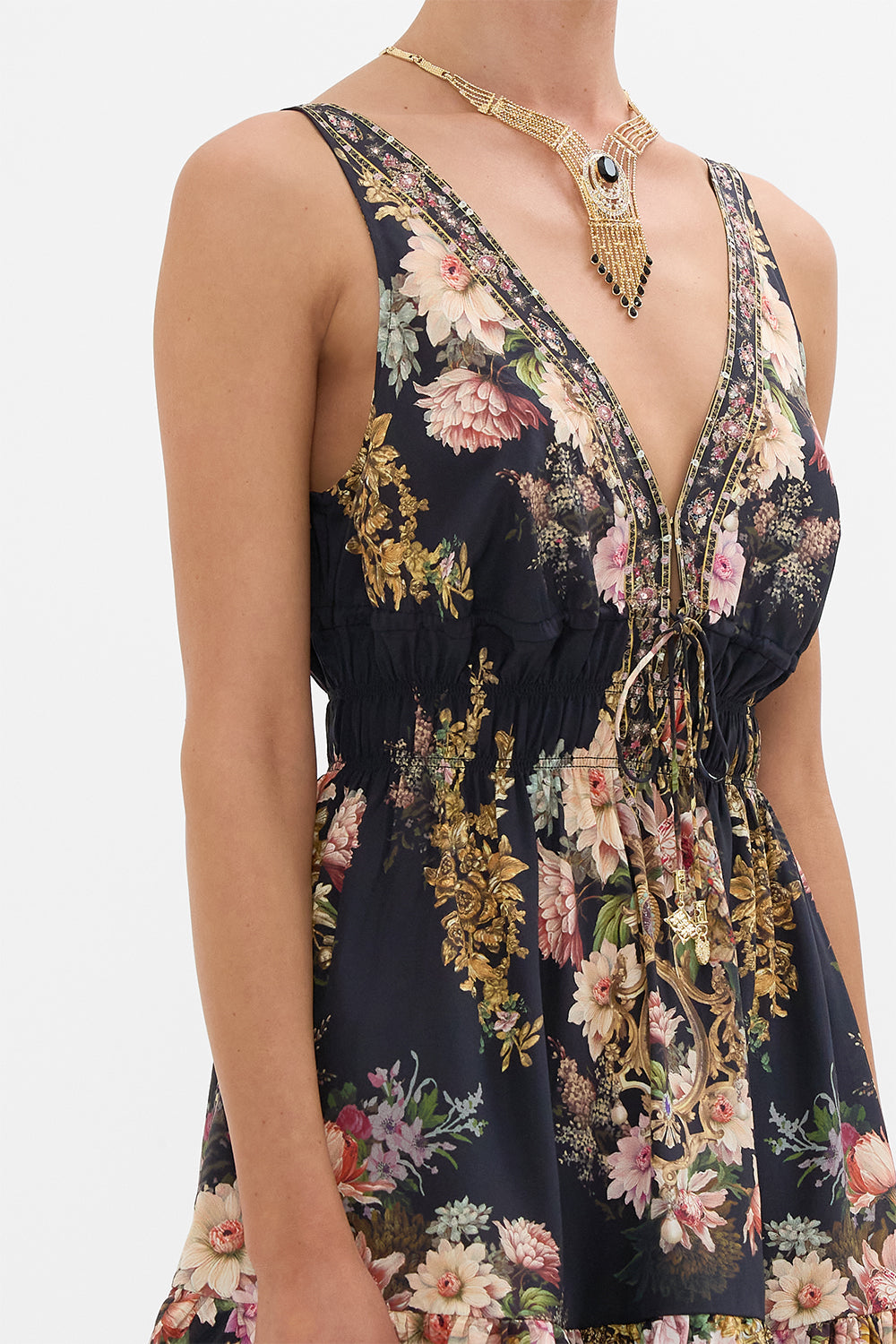 CAMILLA shirred waist detail mini dress in Dyasty Daze print. 