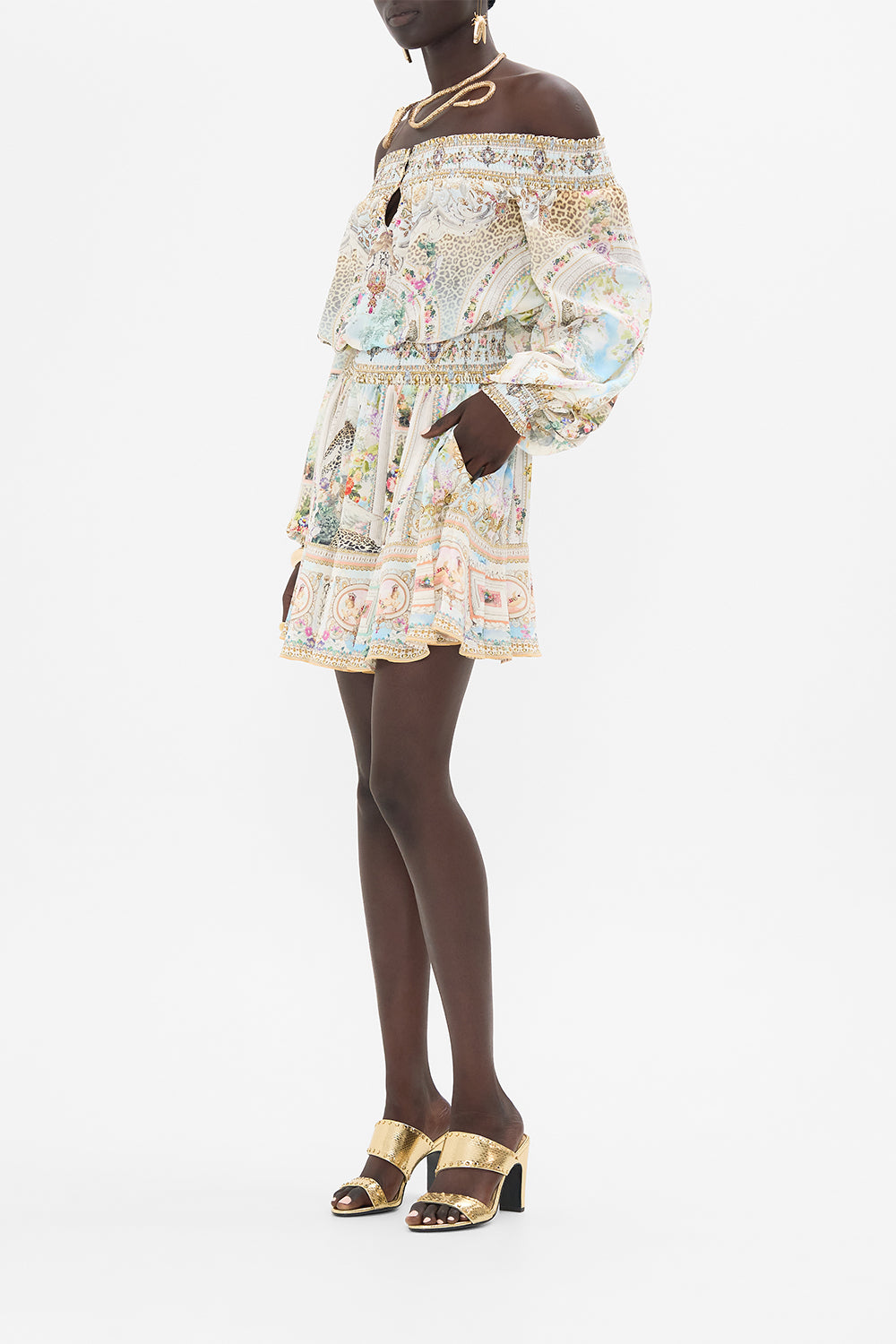 CAMILA Floral Off Shoulder Short Dress in We Always Have Alexandria Print. 