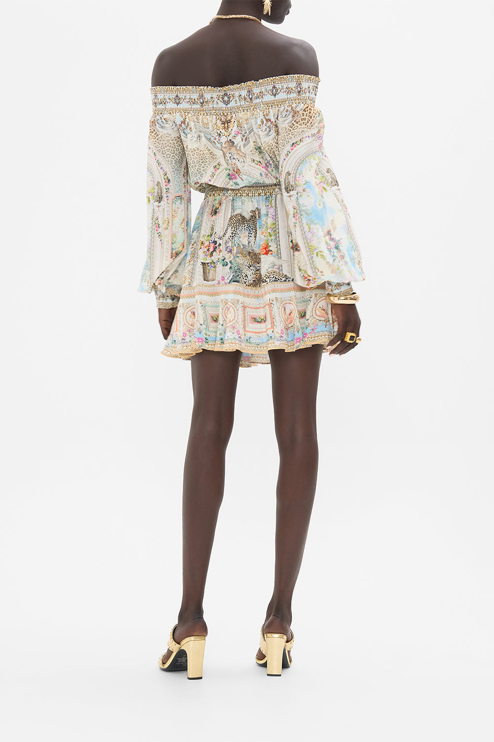 CAMILA Floral Off Shoulder Short Dress in We Always Have Alexandria Print. 