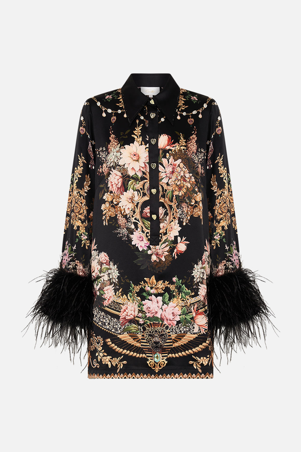 CAMILLA mini shirt dress with feathers in Dynasty Daze print.
