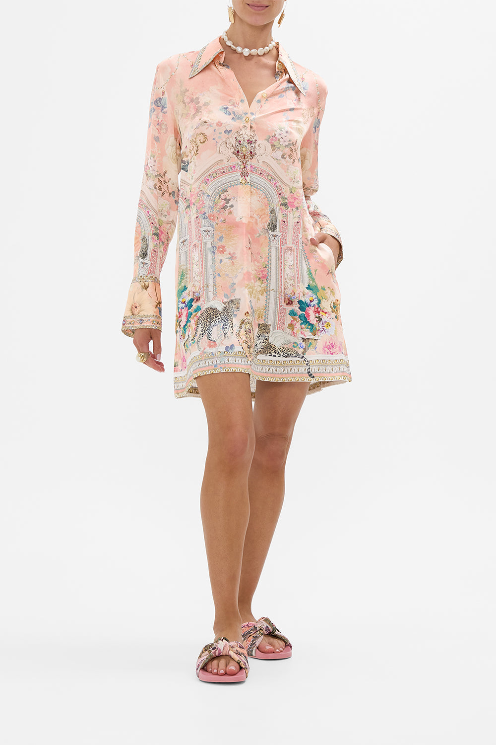 CAMILLA Floral Mini Shirt Dress in The Jewellery Palace Print. 