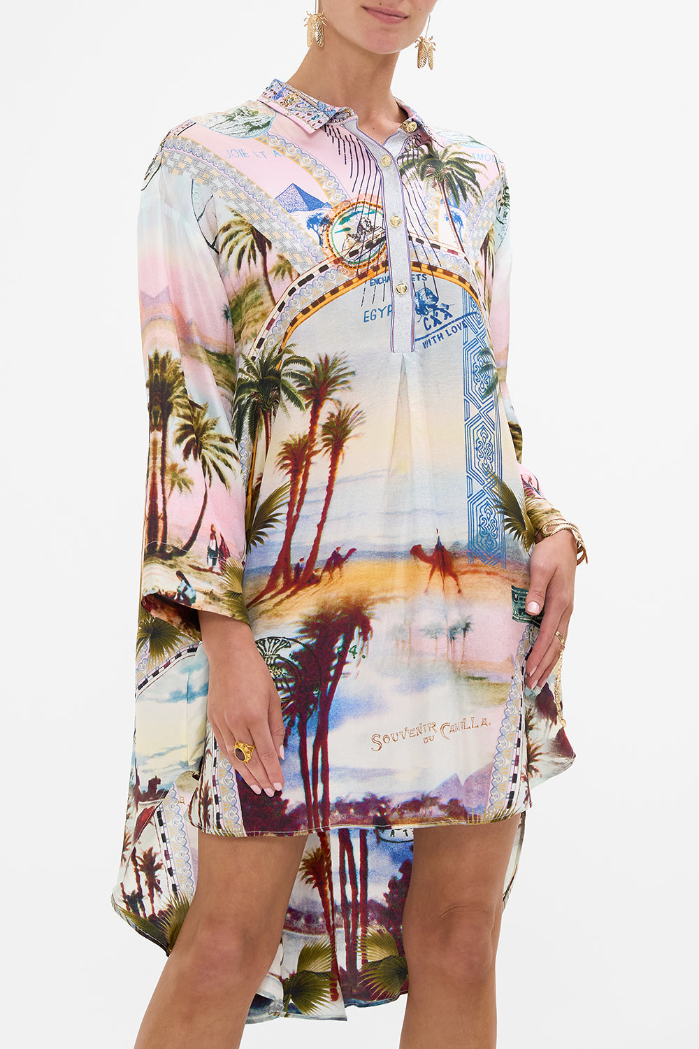 CAMILLA relaxed high low shirt dress in Call Me in Cairo print. 