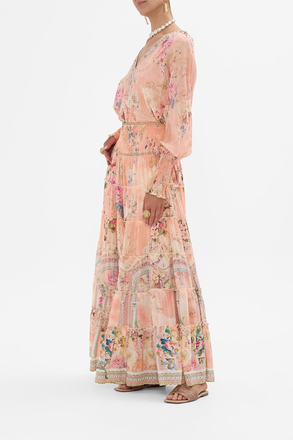CAMILLA Floral Shirred Waist Tiered Circle Skirt in The Jewellery Palace Print. 