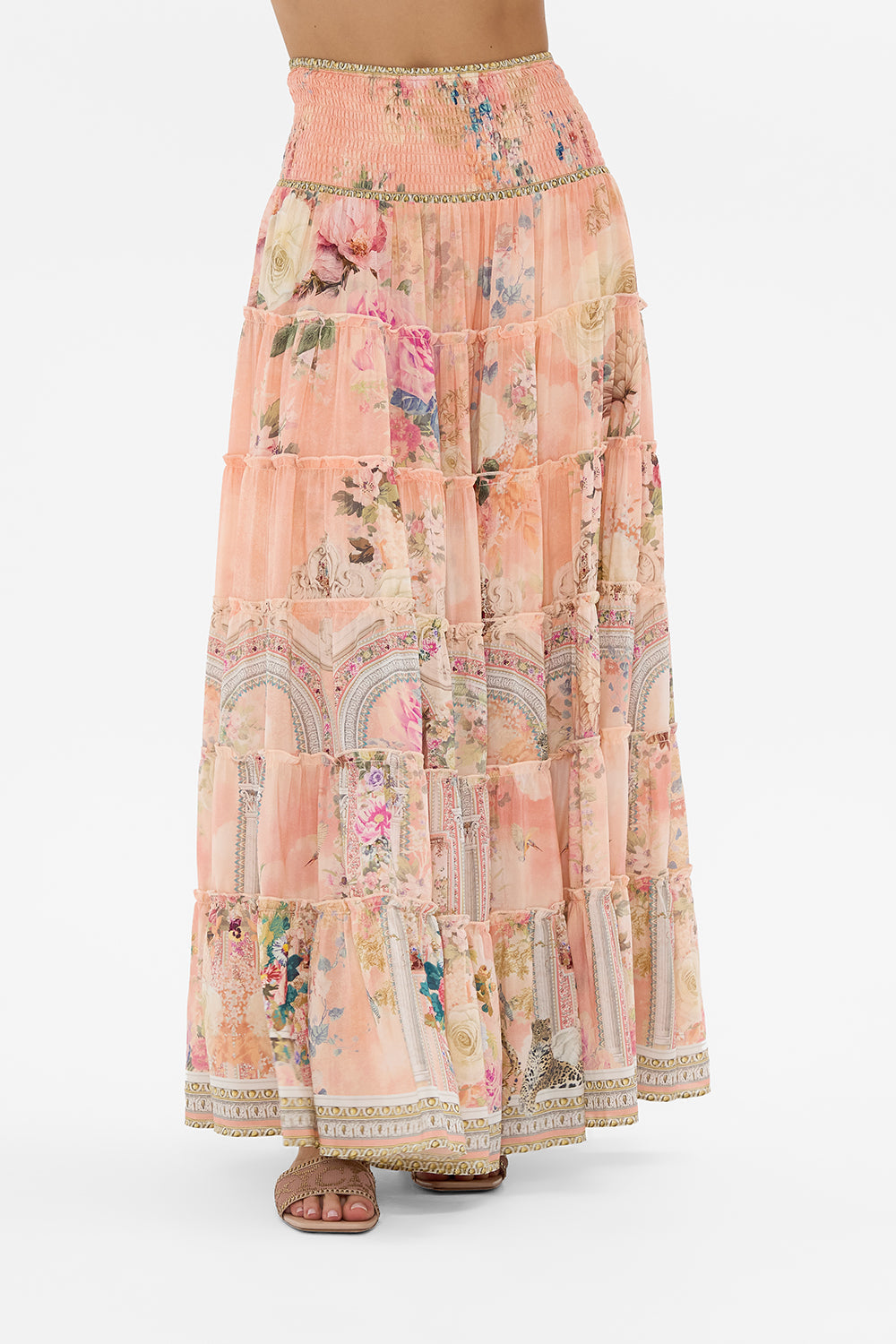 CAMILLA Floral Shirred Waist Tiered Circle Skirt in The Jewellery Palace Print. 
