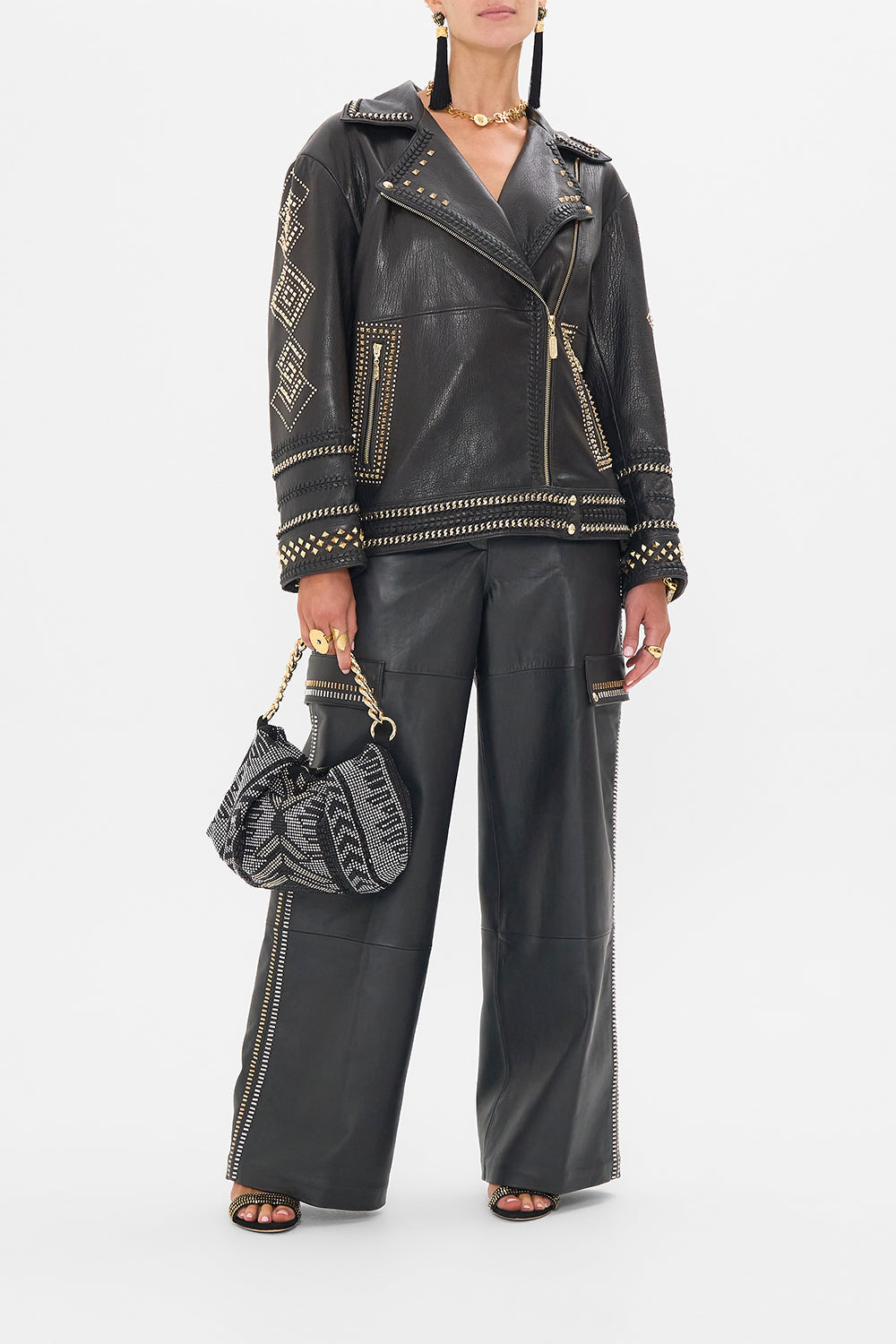 CAMILLA Black Leather Utility Pant in They Called Her Nefertari print