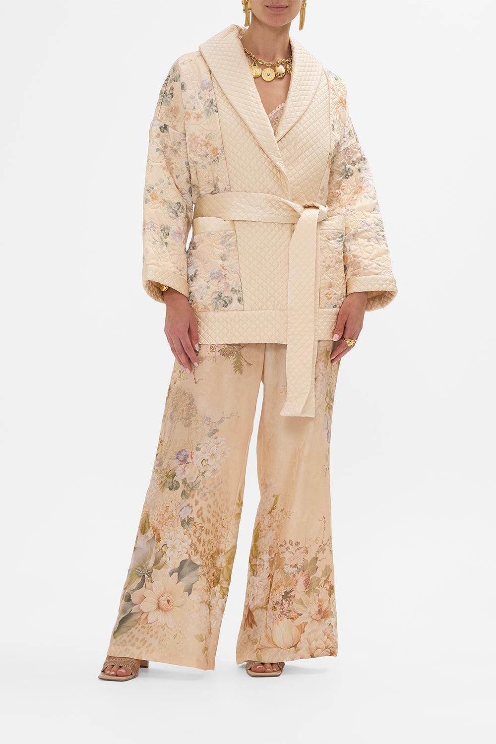 CAMILLA Quilted Roll Collar Coat in Adorned In Antiquity print. 