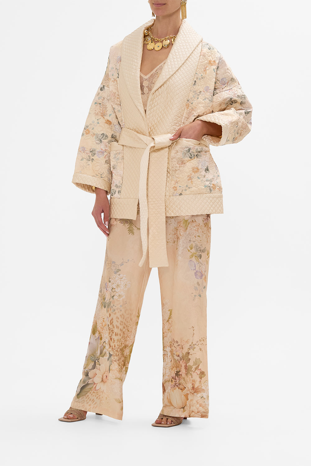 CAMILLA Quilted Roll Collar Coat in Adorned In Antiquity print. 