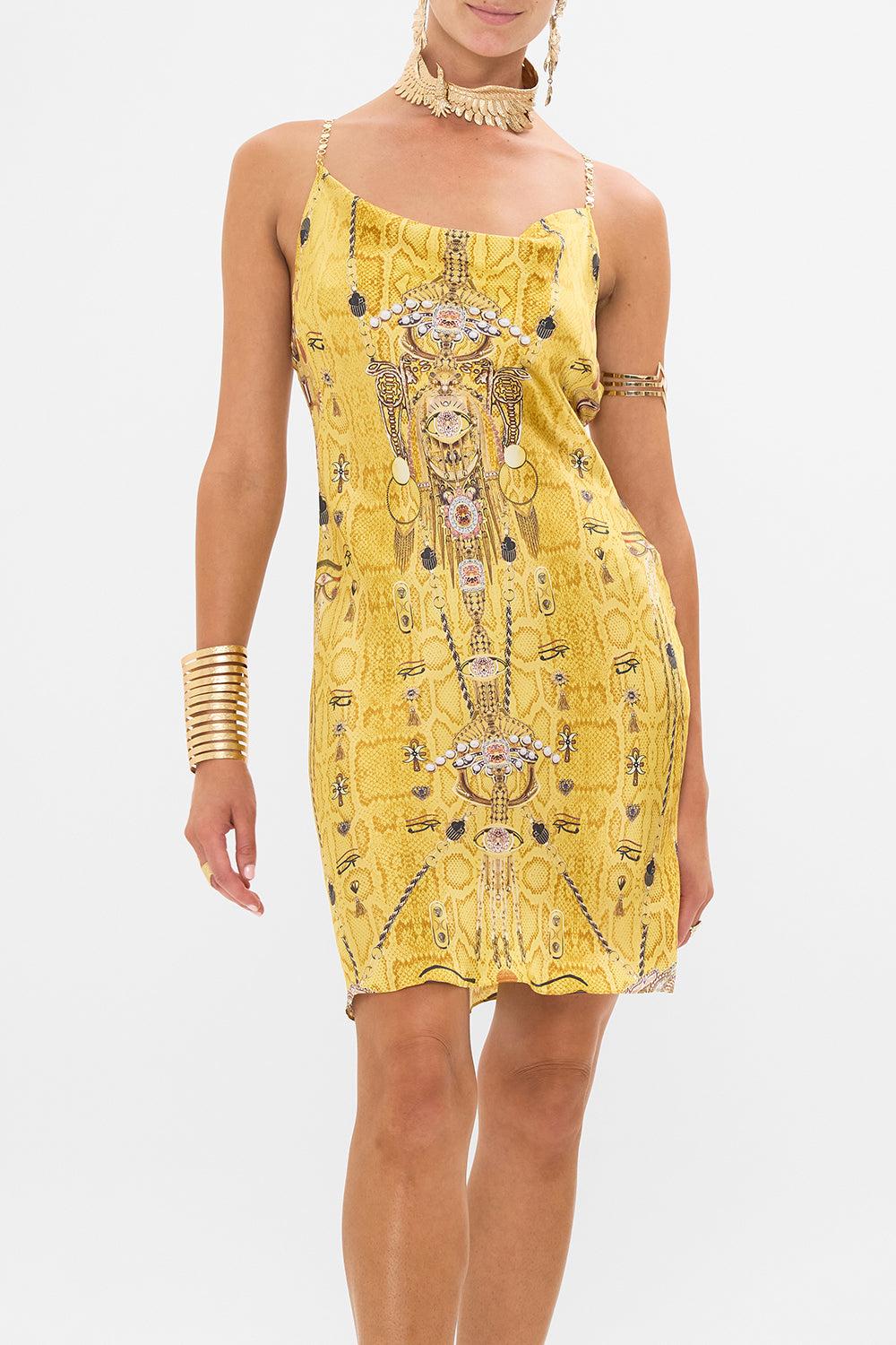 CAMILLA Gold Short Bias Slip Dress with Low Back in Valley of the Kings Print