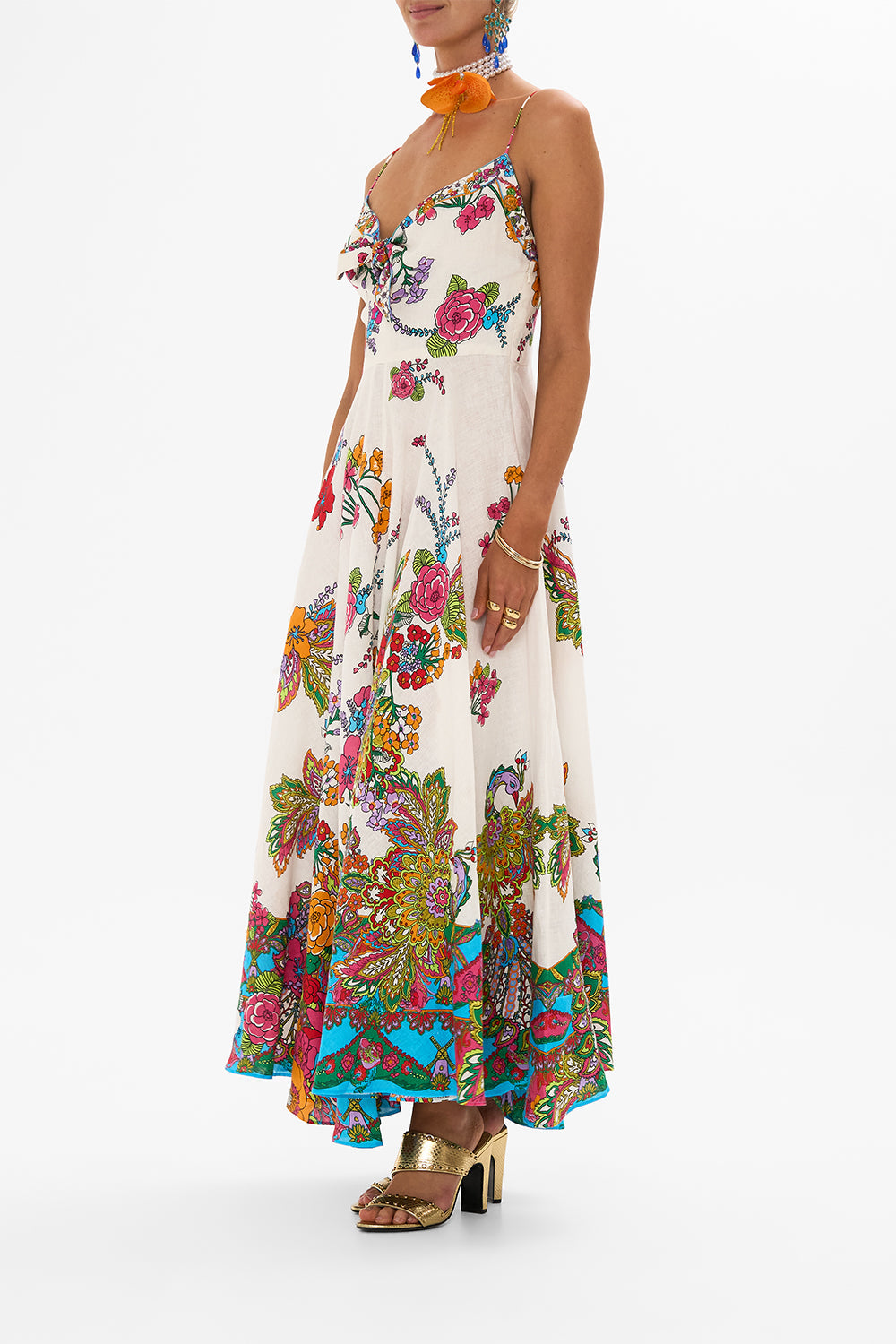 CAMILLA retro floral long dress with tie-front in Cosmic Prairie print.