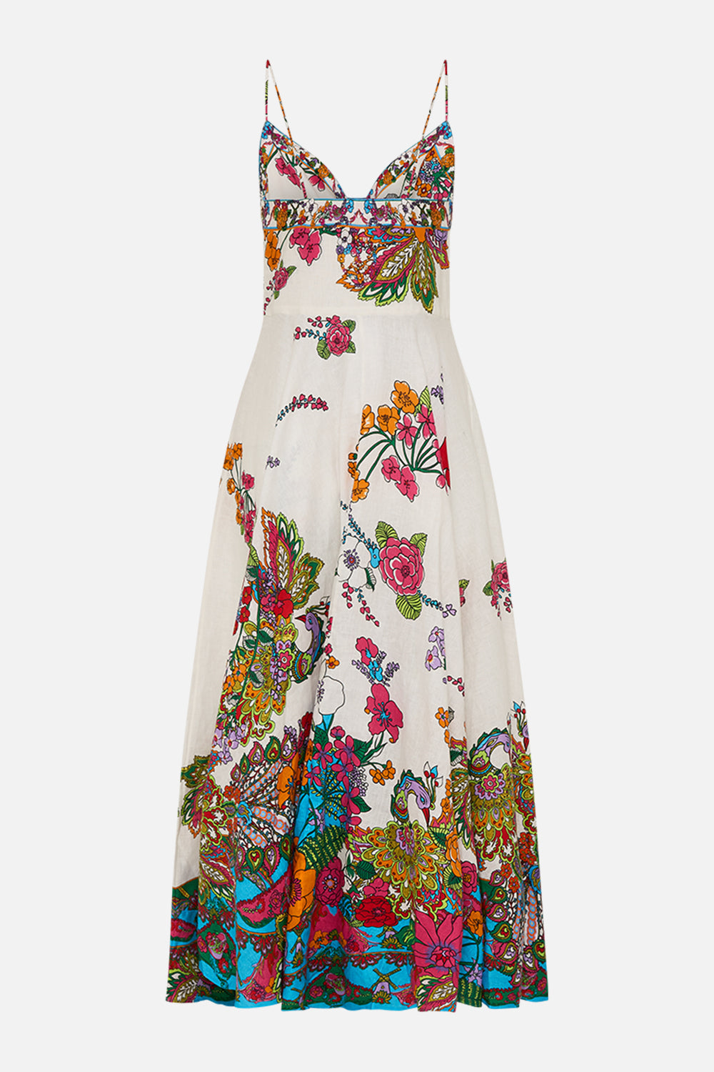 CAMILLA retro floral long dress with tie-front in Cosmic Prairie print.