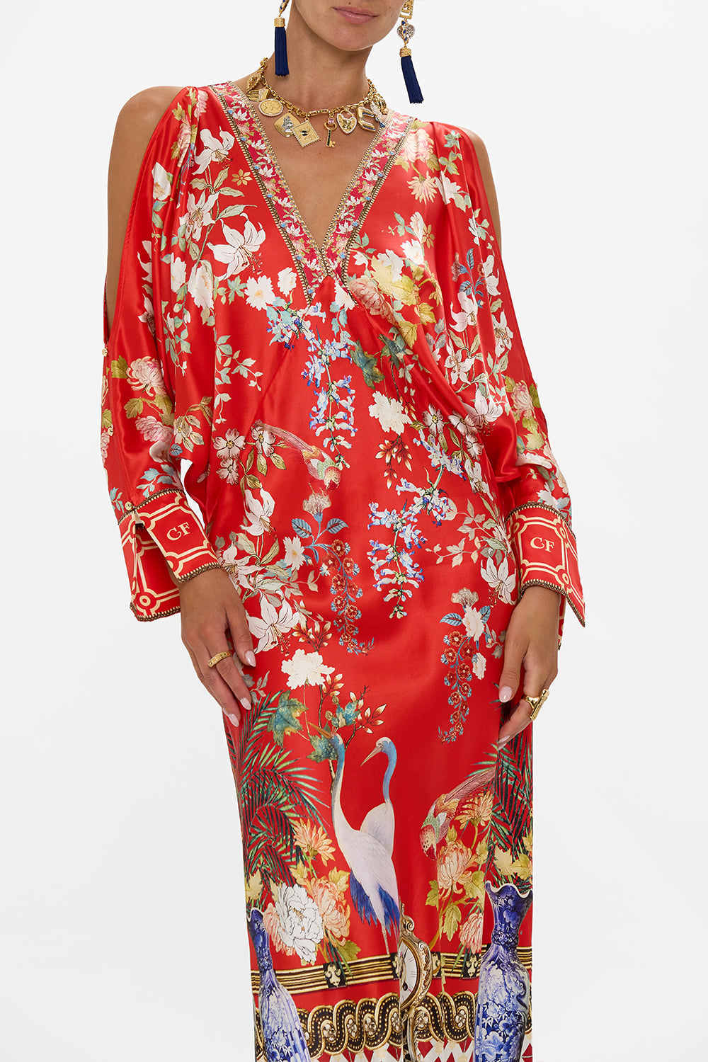 PLUNGE NECK DRAPED SHOULDER DRESS LISBOA LUXE