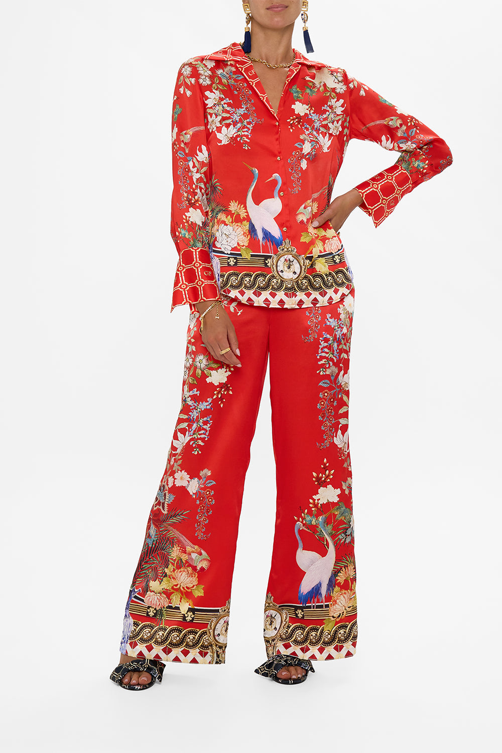 The CAMILLA WIDE LEG TROUSER WITH FRONT POCKETS ROCOCO GLOW in our  print.