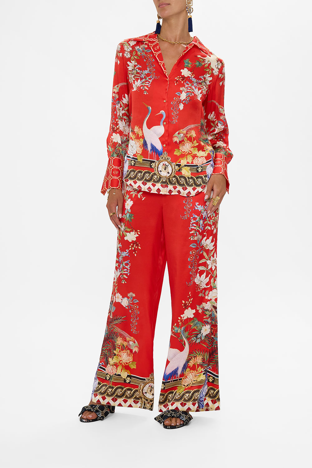 The CAMILLA WIDE LEG TROUSER WITH FRONT POCKETS ROCOCO GLOW in our  print.