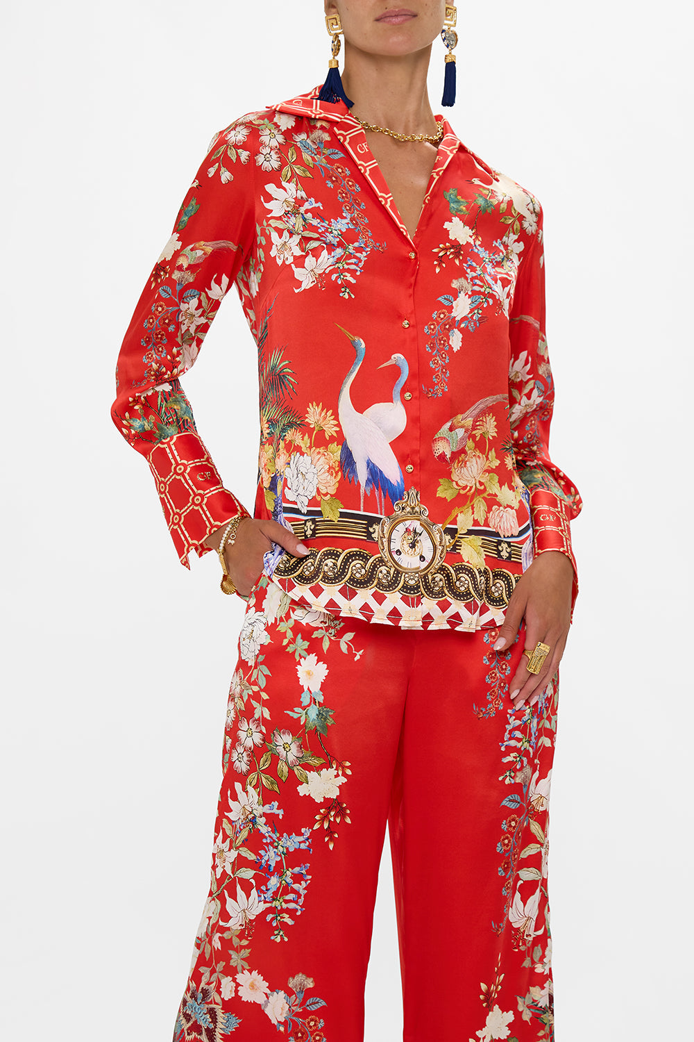 The CAMILLA WIDE LEG TROUSER WITH FRONT POCKETS ROCOCO GLOW in our  print.