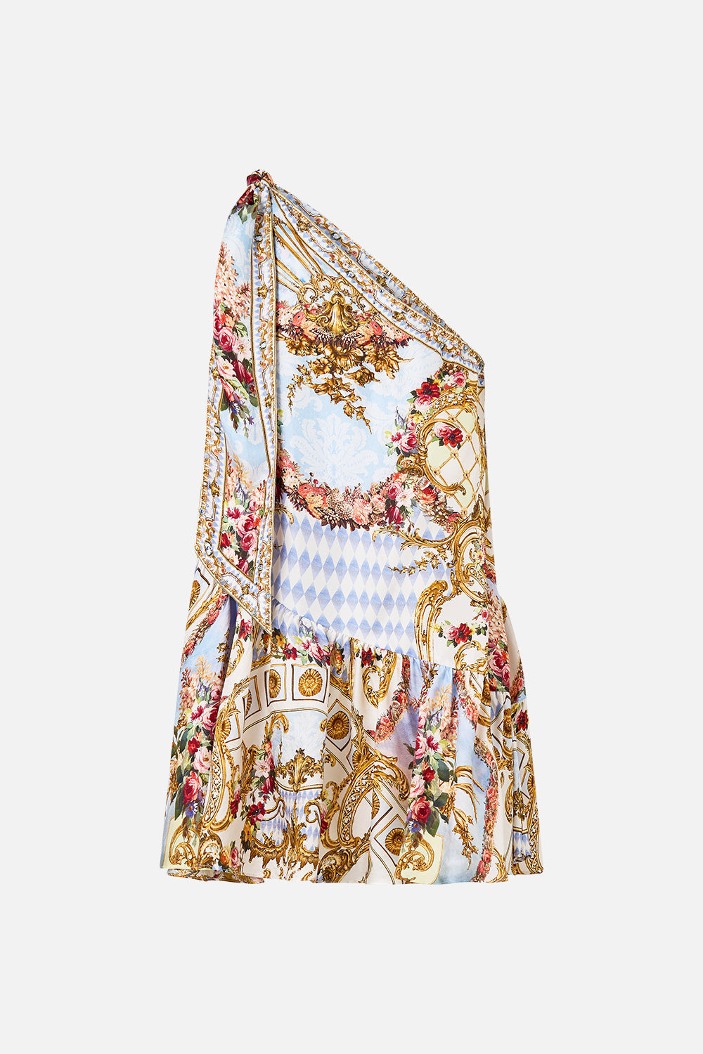 The CAMILLA DRAWSTRING POUCH WITH CHAIN STRAP MONARCHY MANIA in our  print.