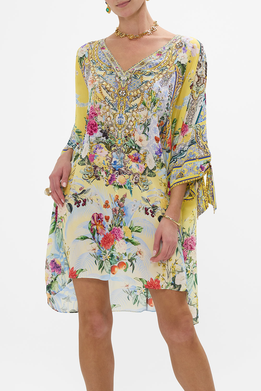 TIE SLEEVE SHORT V NECK KAFTAN FLOR FANTÁSTICA