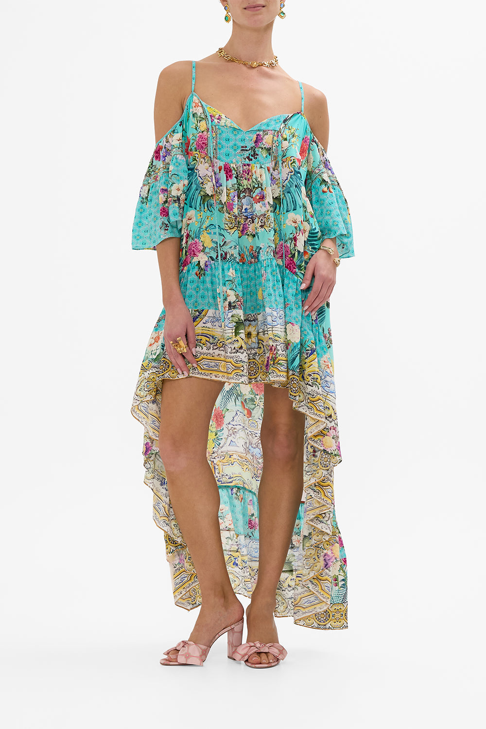 The CAMILLA SHORT SLEEVE CAMP COLLARED SHIRT SALTY SPLENDOUR in our  print.