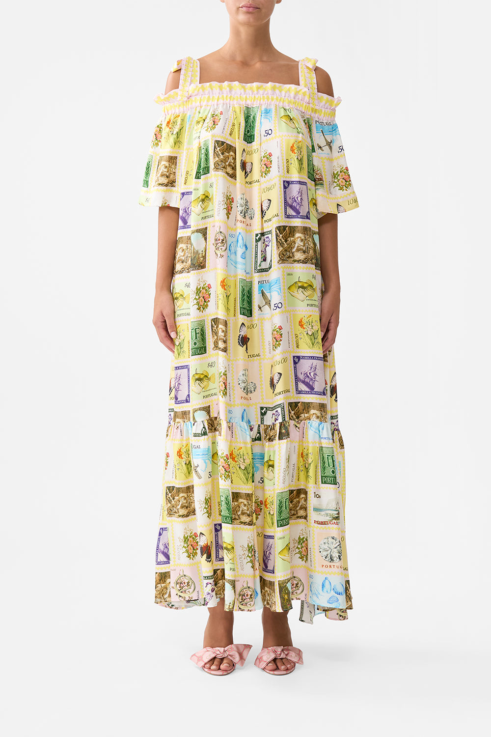 LONG OFF SHOULDER FRILL DRESS WITH STRAPS WITH LOVE FROM LISBON