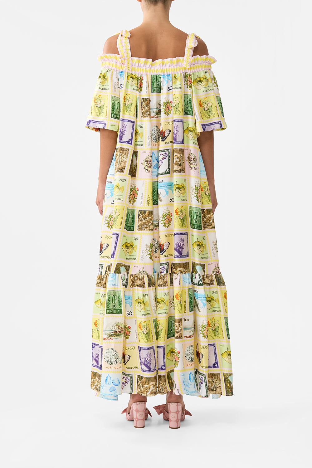 LONG OFF SHOULDER FRILL DRESS WITH STRAPS WITH LOVE FROM LISBON