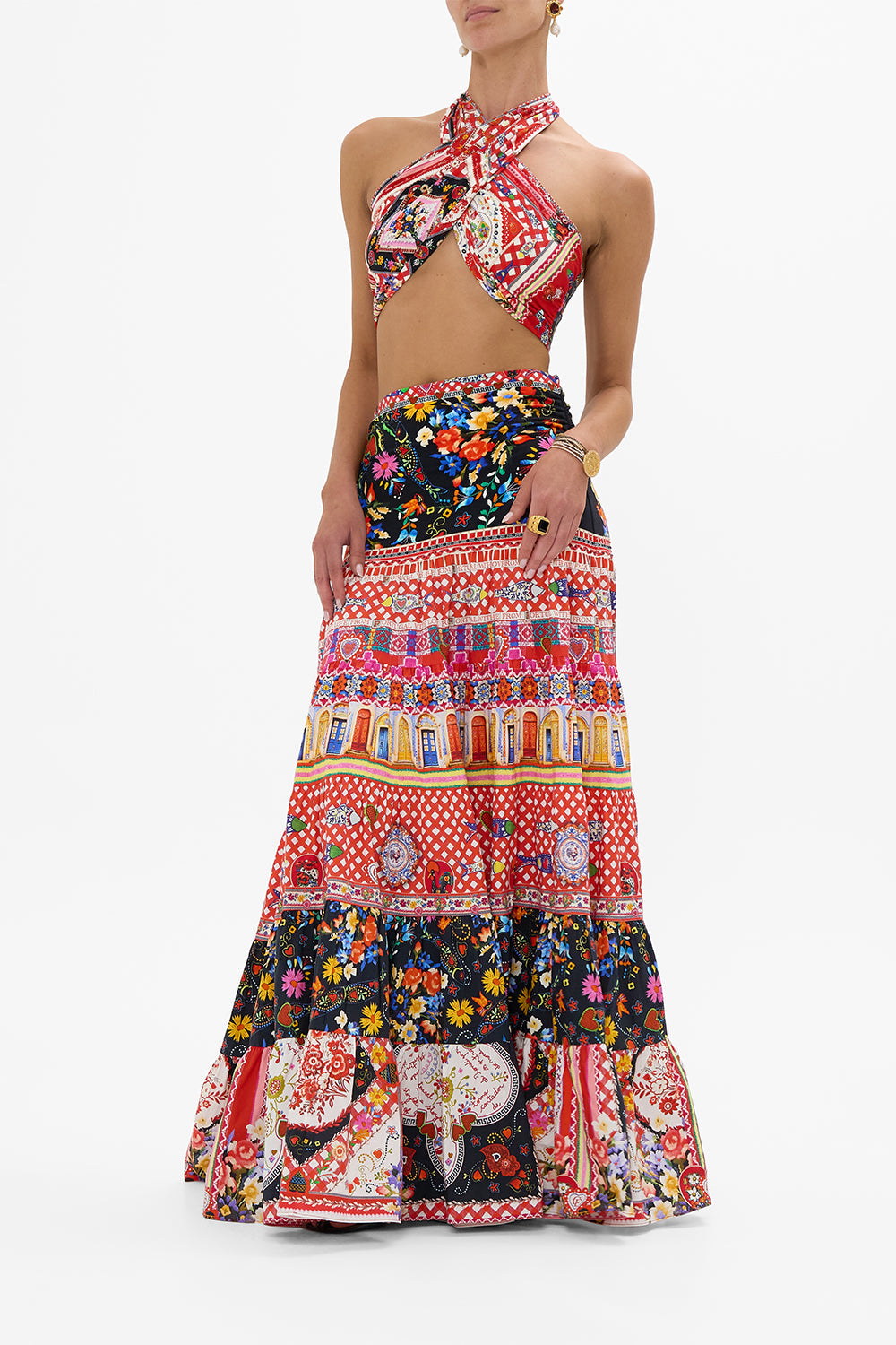The CAMILLA LONG SPLIT FRONT TWIST DRESS THE EGYPT EFFECT in our THE EGYPT EFFECT print.