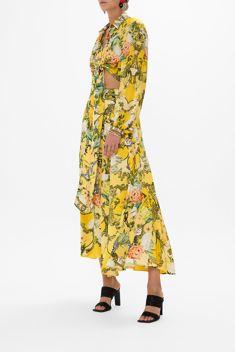 CAMILLA yellow silk cropped wrap shirt in Paths Of Gold print
