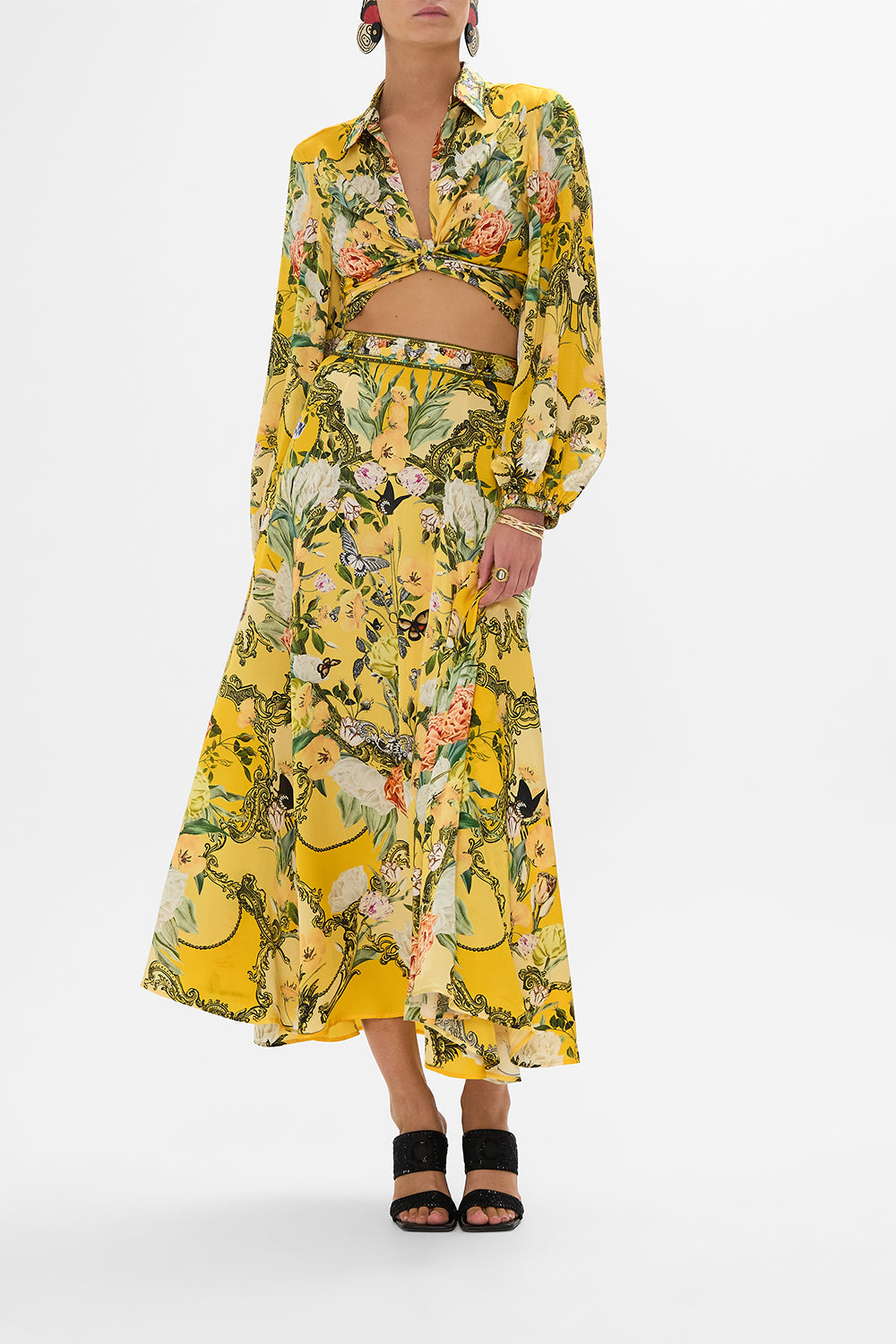 CAMILLA yellow floral panel flared maxi skirt in Paths Of Gold print