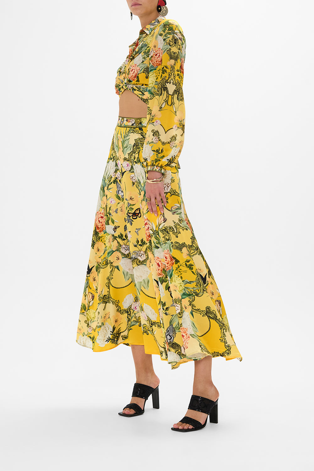 CAMILLA yellow floral panel flared maxi skirt in Paths Of Gold print