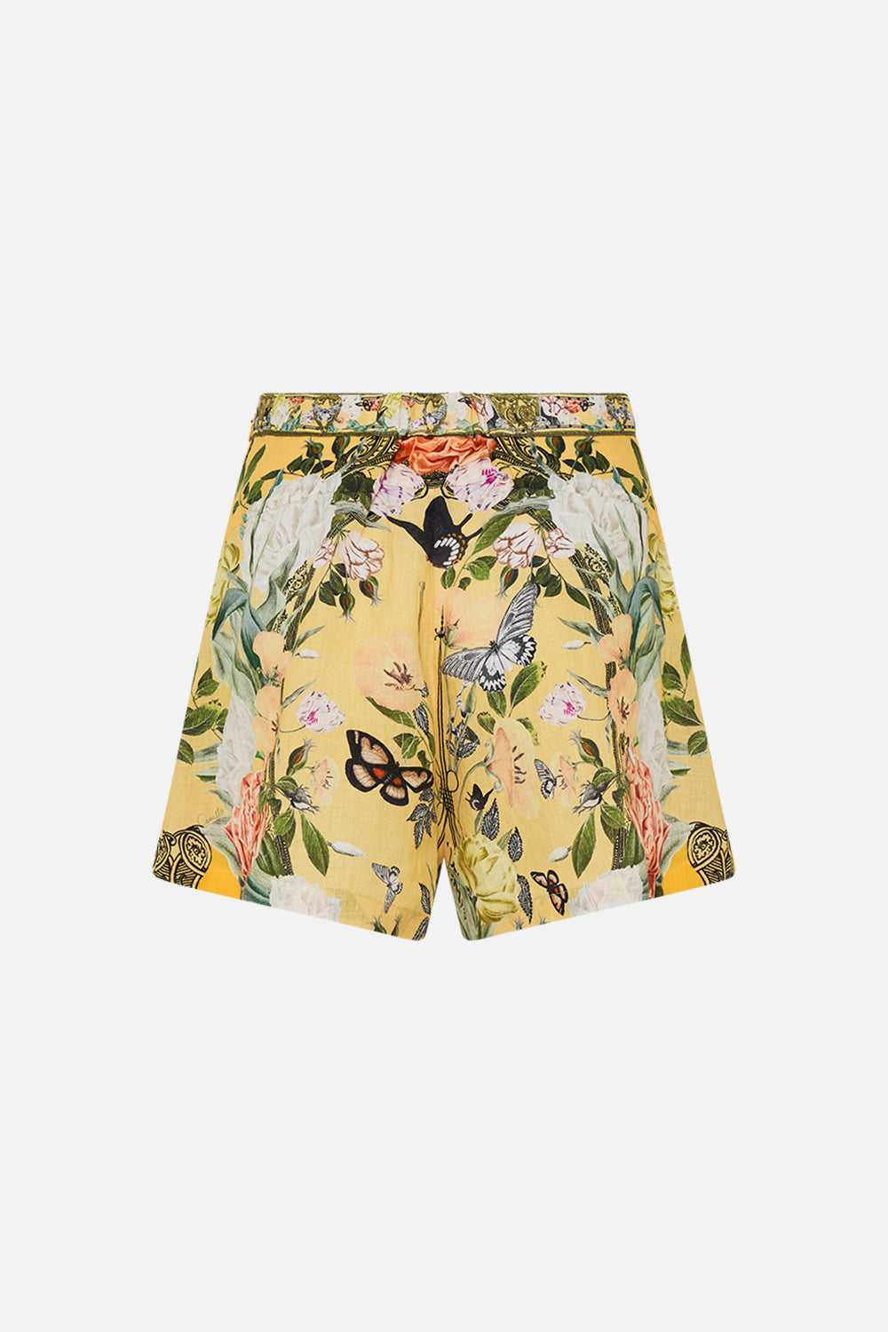 CAMILLA yellow line shorts in Paths of Gold print