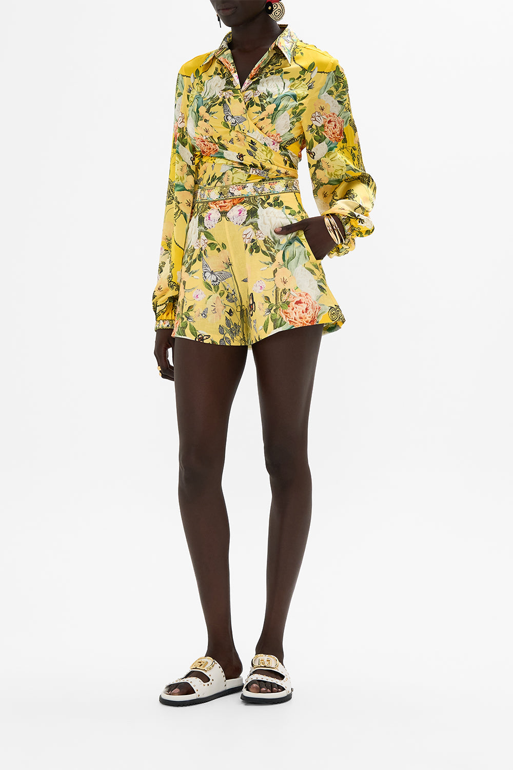 CAMILLA yellow line shorts in Paths of Gold print