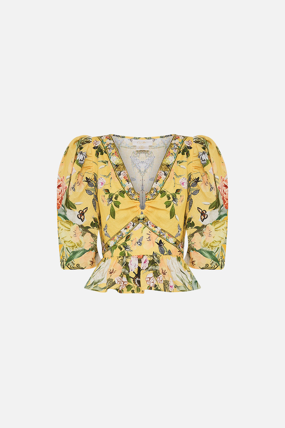 CAMILLA  yellow puff sleeve top in paths Of Gold print