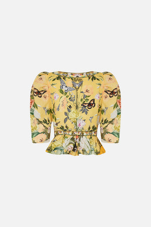CAMILLA  yellow puff sleeve top in paths Of Gold print