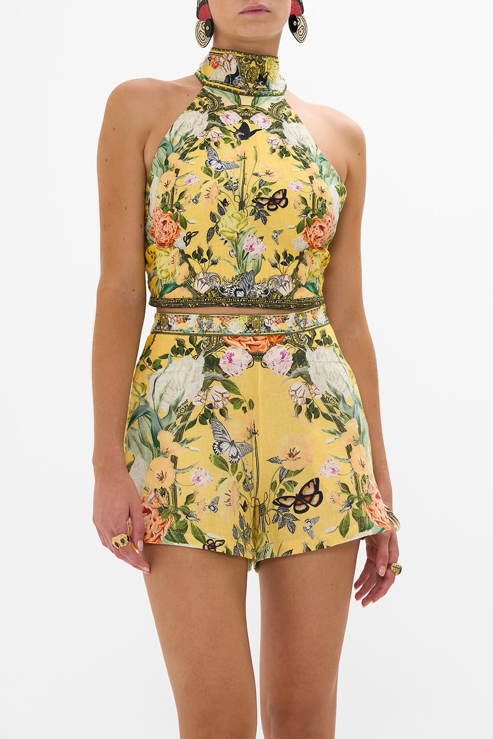 CAMILLA gold halter tie-back top in Paths Of Gold print.