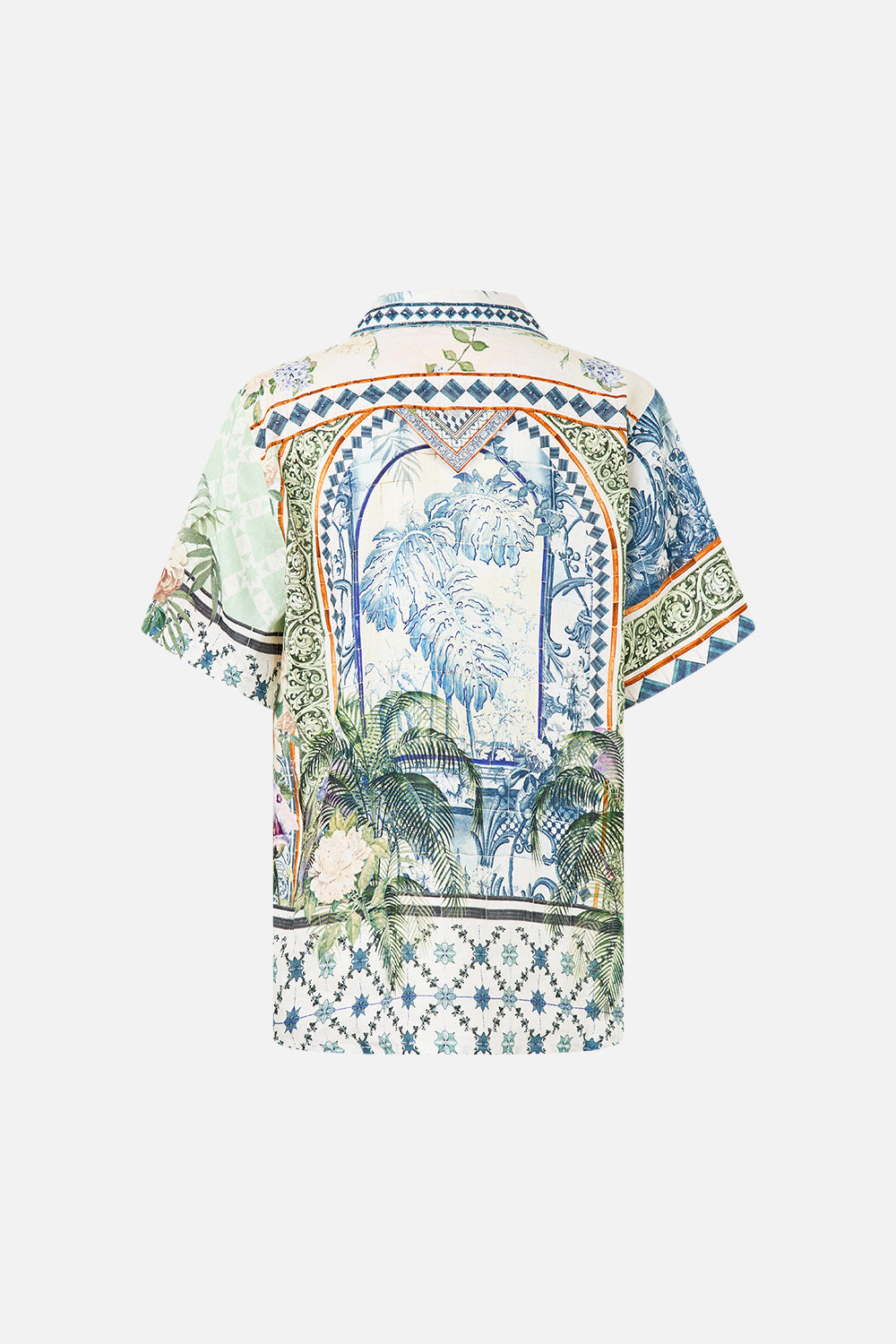 The CAMILLA TIERED SHIRT DRESS WITH SHORT SLEEVE WELCOME TO THE WHITE LOTUS in our WELCOME TO THE WHITE LOTUS print.