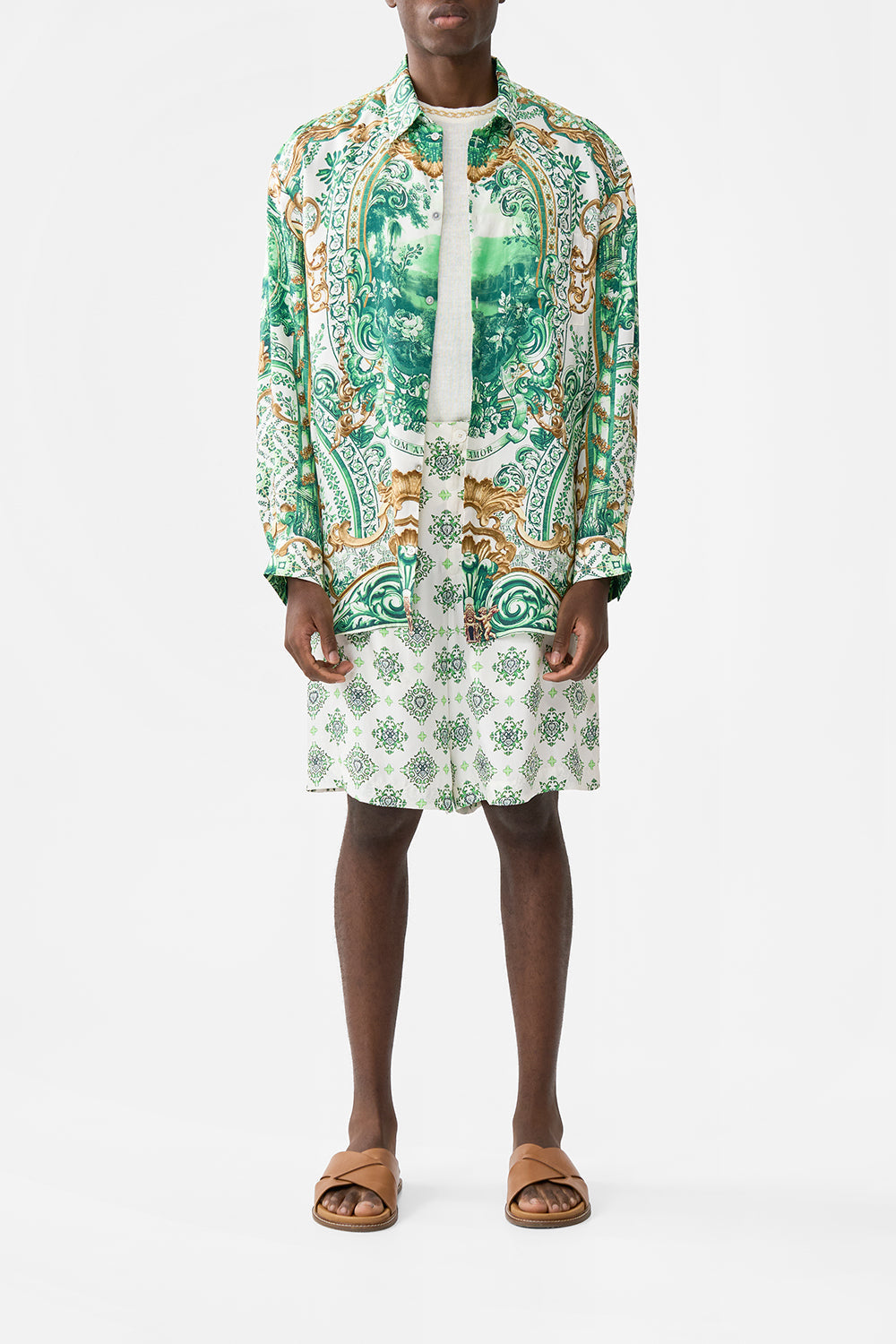 The CAMILLA CLASSIC SHIRT- CROCHET ARCHES OF AMOR in our  print.