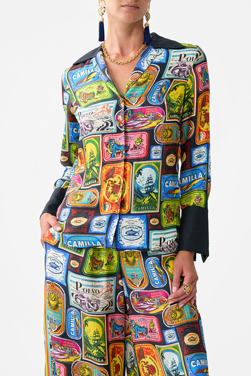 The CAMILLA V-NECK BLOUSON SLEEVE BLOUSE SUNRISE IN SINTRA in our  print.