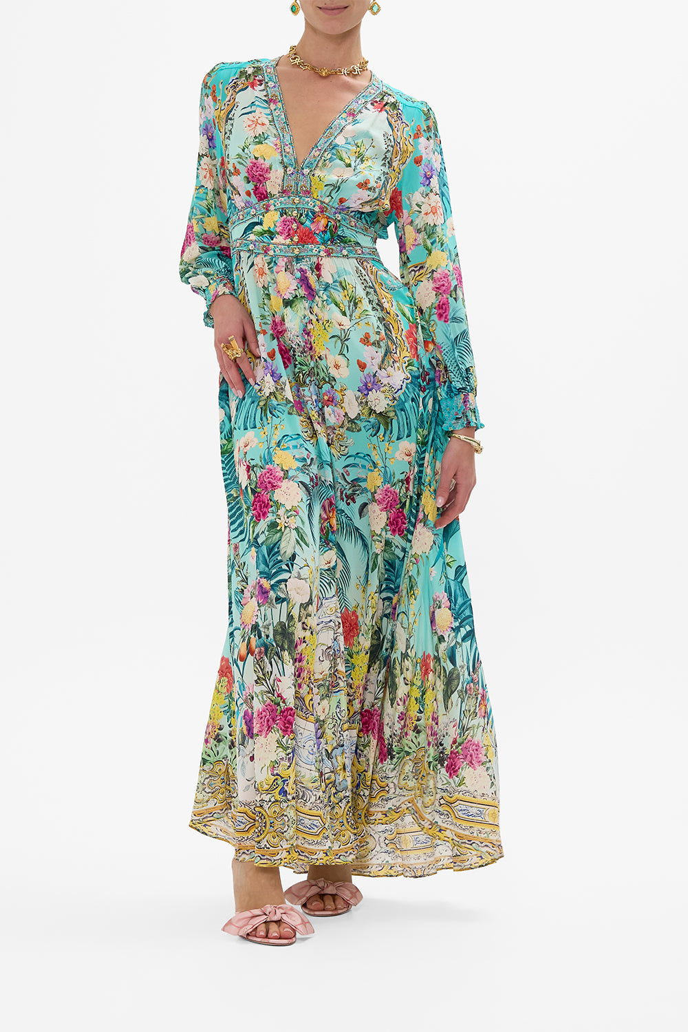 CAMILLA Button Dress With Shaped Waistband in Gardens Of Queluz print