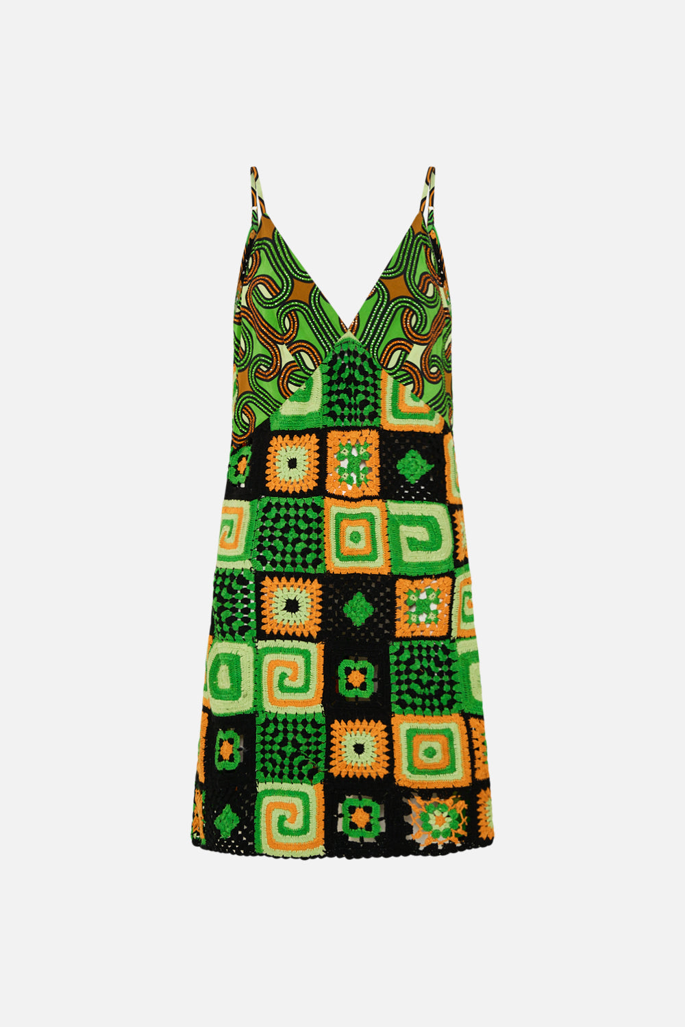 CAMILLA green mini crochet dress with silk top in Good Vibes Generation print.