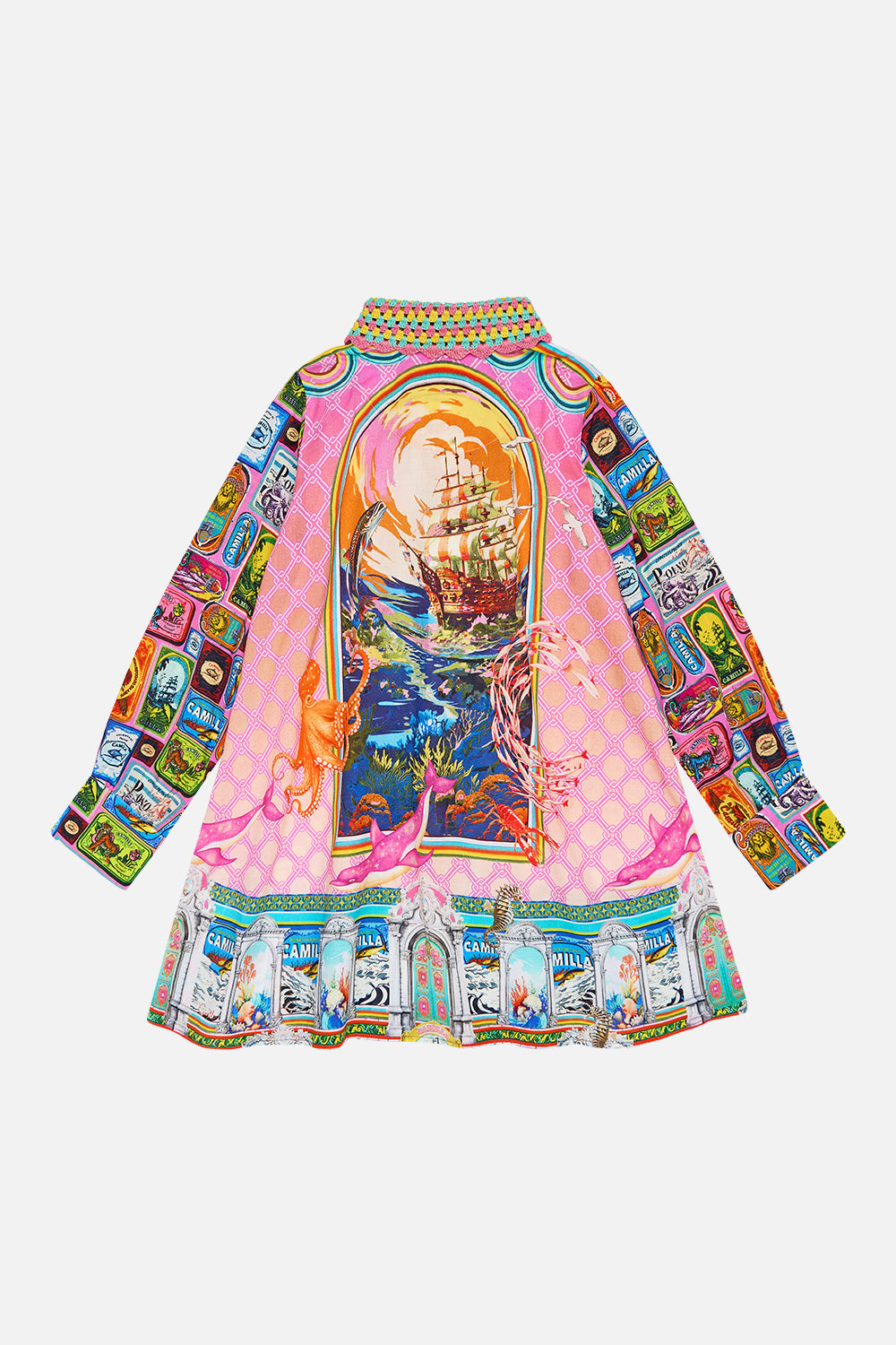 The CAMILLA CROPPED WRAP SHIRT WELCOME TO THE WHITE LOTUS in our  print.