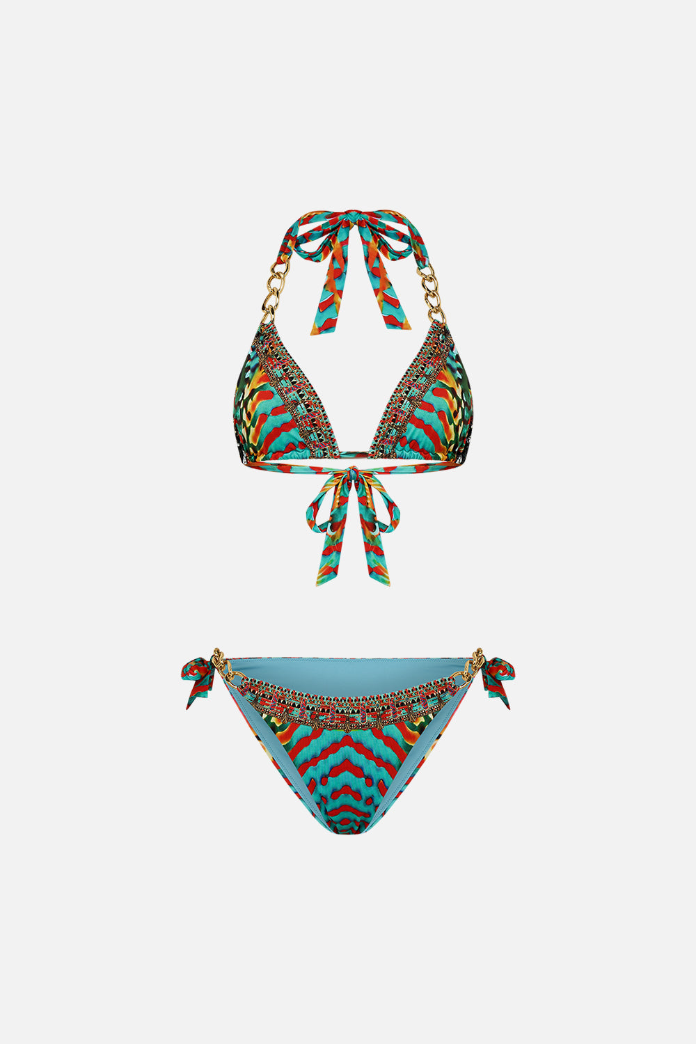 CAMILLA Chain Trim Tri Bikini in Desert Visions print.