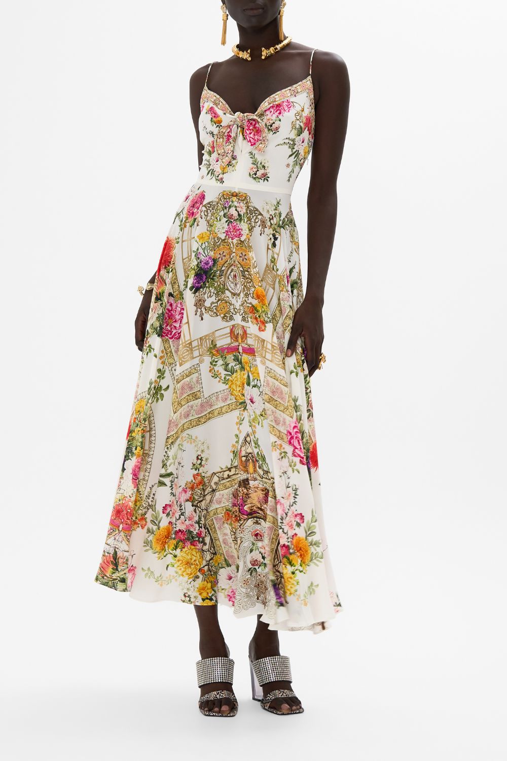 CAMILLA Long dress with tie front in Egyptian rose print.